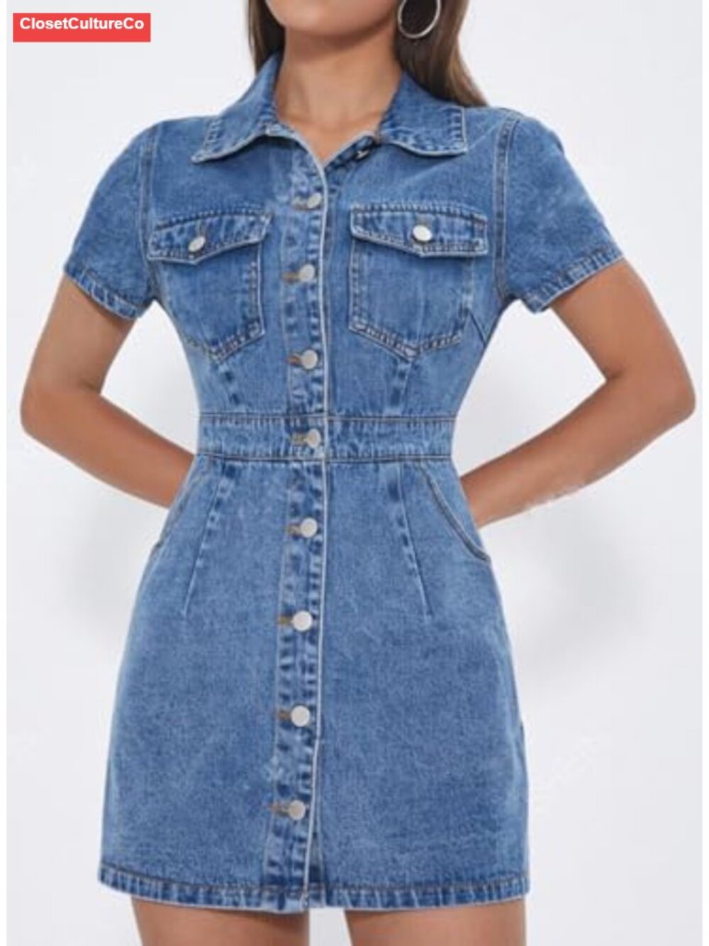 Denim Babydoll Dress Short Sleeve Button Down High Low Hem - Picture 3 of 4